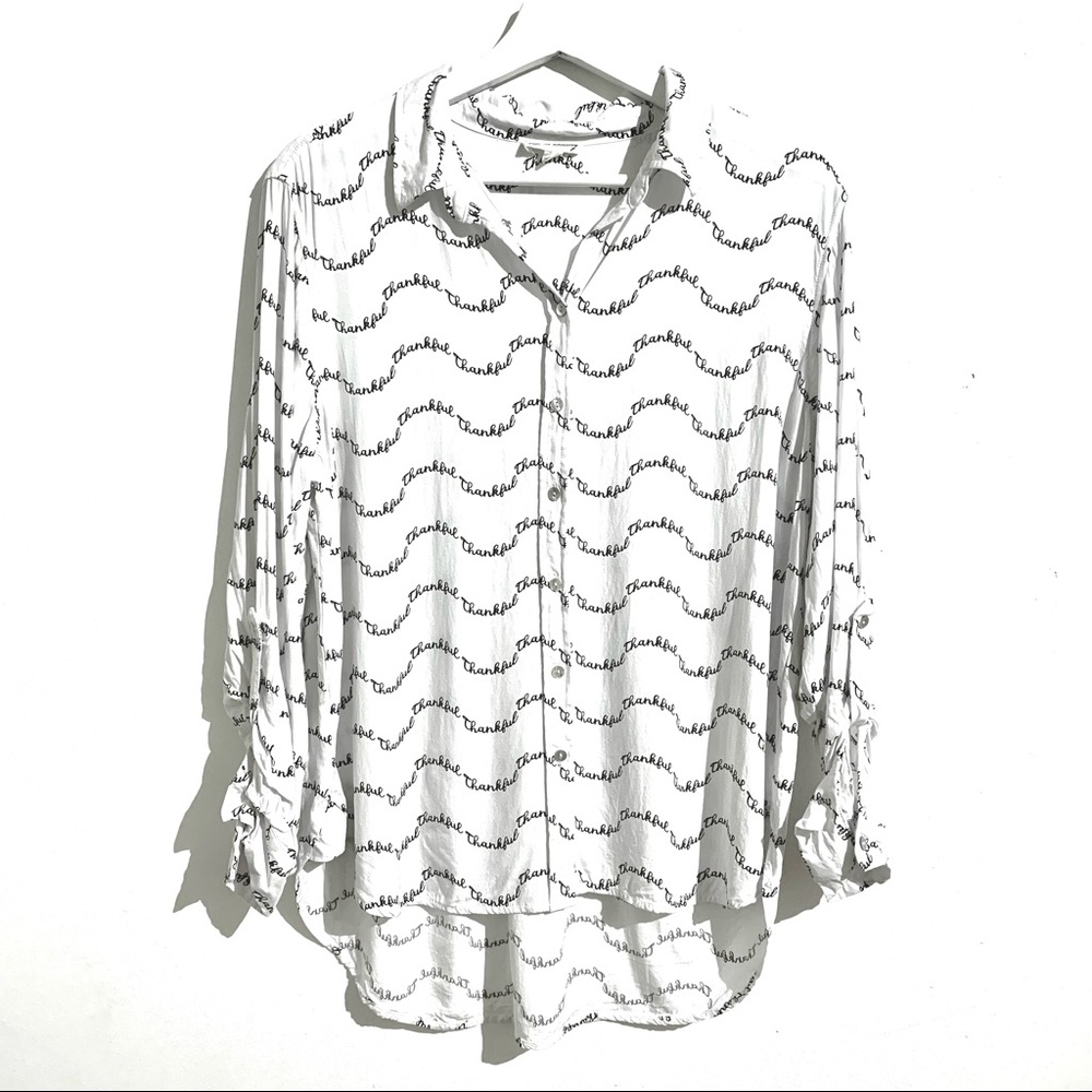JANE AND DELANCEY Anthropologie Thankful Typography Button Down Shirt Size L
